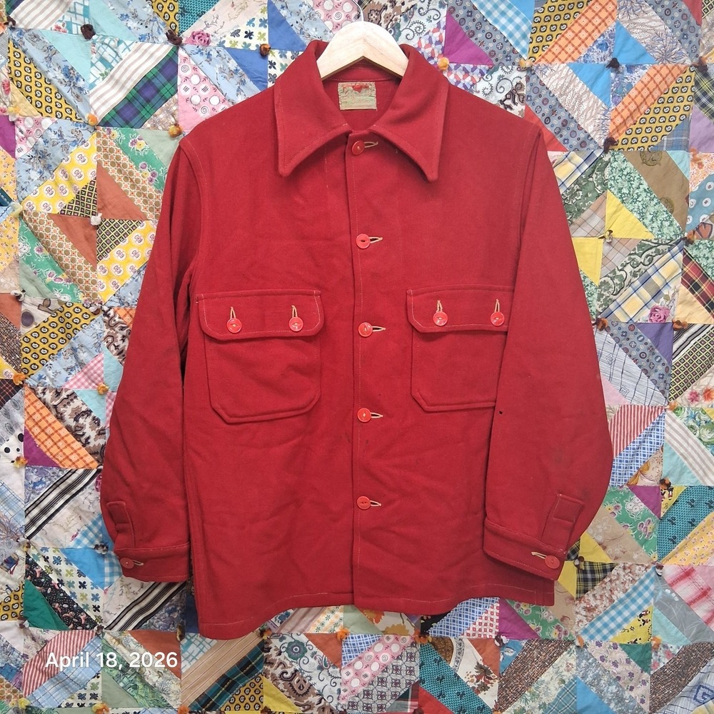 True Vintage 40s 50s Wool‎ Hunting Jacket Red Button Front Workwear Coat